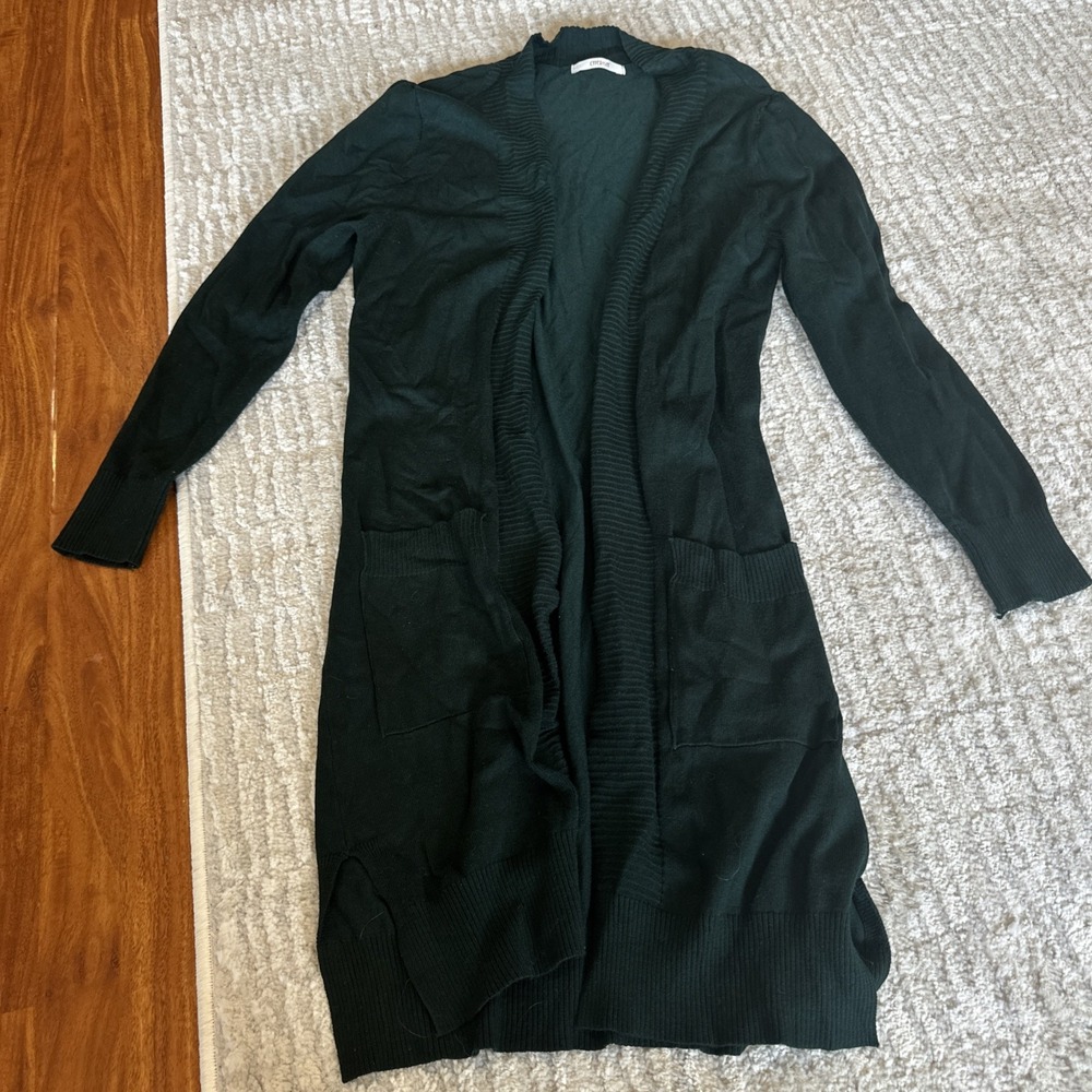 Womens Cardigan Sweater Open Duster Long Hunter Green Pockets‎ Size Small S